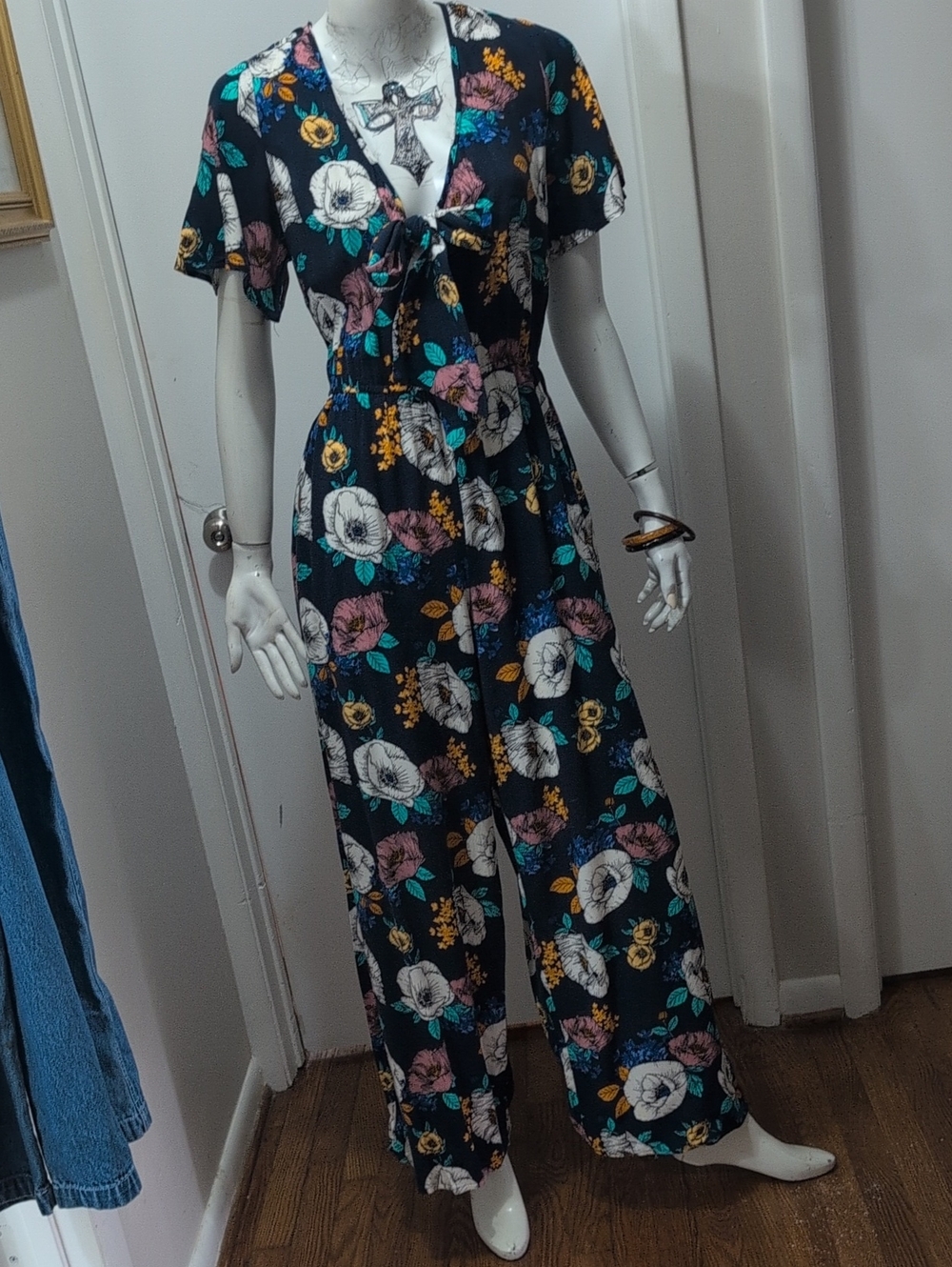 Band of Gypsies Blue Floral Tie-Front Jumpsuit